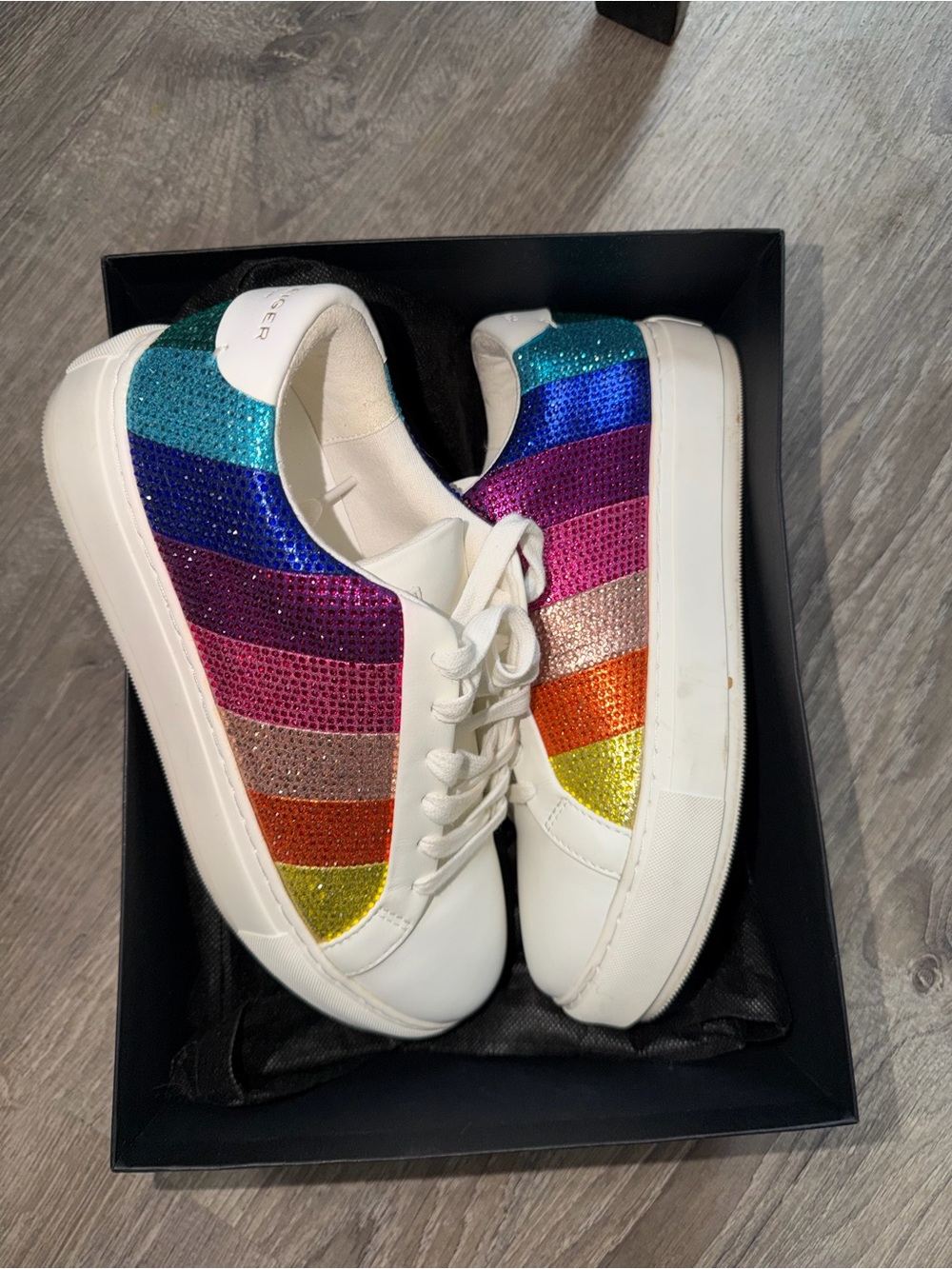 Kurt Geiger White Sneakers with Rainbow Crystal Stripes